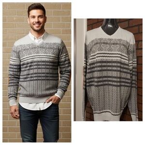 Gray Fair Isle Sweater XL Academia Preppy Nordic Elbow Patch Knit